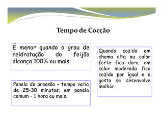Tempo de Cocção 
É menor quando o grau de 
reidratação do feijão 
alcança 100% ou mais. 
Quando cozido em 
chama alta ou calor 
forte fica duro; em 
Panela de pressão – tempo varia 
de 25-30 minutos; em panela 
comum – 1 hora ou mais. 
calor moderado fica 
cozido por igual e o 
gosto se desenvolve 
melhor. 
 