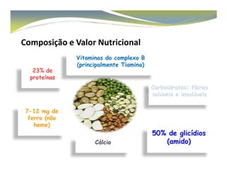 Composição e Valor Nutricional 
23% de 
proteínas 
Vitaminas do complexo B 
(principalmente Tiamina) 
Carboidratos; ffiibbrraass 
solúveis e insolúveis 
7-12 mg de 
ferro (não 
heme) 
Cálcio 
50% de glicídios 
(amido) 
 