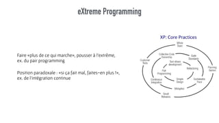 eXtreme Programming
Faire «plus de ce qui marche», pousser à l’extrême,  
ex. du pair programming
Position paradoxale : «si ça fait mal, faites-en plus !»,  
ex. de l’intégration continue
 