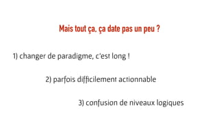 Mais tout ça, ça date pas un peu ?
1) changer de paradigme, c’est long !
2) parfois difﬁcilement actionnable
3) confusion de niveaux logiques
 