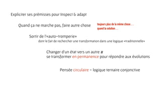 Expliciter ses prémisses pour Inspect & adapt
Quand ça ne marche pas, faire autre chose
Sortir de l’«auto-tromperie»
dont le fait de rechercher une transformation dans une logique «traditionnelle»
Changer d’un état vers un autre #  
se transformer en permanence pour répondre aux évolutions
Pensée circulaire - logique ternaire conjonctive
toujours plus de la même chose…
quand la solution…
 