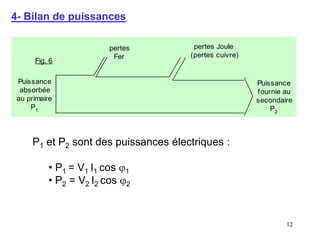 12
4- Bilan de puissances
P1 et P2 sont des puissances électriques :
• P1 = V1 I1 cos 1
• P2 = V2 I2 cos 2
Puissance
absorbée
au primaire
P1
Puissance
fournie au
secondaire
P2
pertes Joule
(pertes cuivre)
pertes
Fer
Fig. 6
 