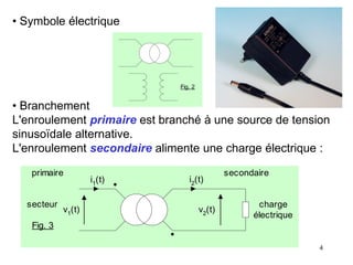 4
• Branchement
L'enroulement primaire est branché à une source de tension
sinusoïdale alternative.
L'enroulement secondaire alimente une charge électrique :
• Symbole électrique
Fig. 2
v1(t)
i1(t)
v2(t)
i2(t)
primaire secondaire
charge
électrique
secteur
Fig. 3
 