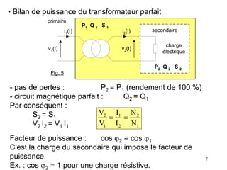 7
• Bilan de puissance du transformateur parfait
- pas de pertes : P2 = P1 (rendement de 100 %)
- circuit magnétique parfait : Q2 = Q1
Par conséquent :
S2 = S1
V2 I2 = V1 I1
v1(t)
i1(t)
v2(t)
i2(t)
primaire
secondaire
charge
électrique
P1 Q 1 S 1
P2 Q 2 S 2
Fig. 5
Facteur de puissance : cos 2 = cos 1
C'est la charge du secondaire qui impose le facteur de
puissance.
Ex. : cos 2 = 1 pour une charge résistive.
1
2
2
1
1
2
N
N
I
I
V
V


 