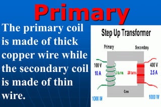 Primary
The primary coil
is made of thick
copper wire while
the secondary coil
is made of thin
wire.
 