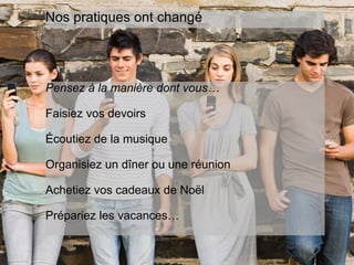 www.15marches.fr
Nos pratiques ont changé
Pensez à la manière dont vous…
Faisiez vos devoirs
Écoutiez de la musique
Organisiez un dîner ou une réunion
Achetiez vos cadeaux de Noël
Prépariez les vacances…
 