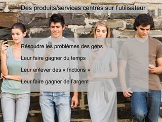 www.15marches.fr
Des produits/services centrés sur l’utilisateur
Résoudre les problèmes des gens
Leur faire gagner du temps
Leur enlever des « frictions »
Leur faire gagner de l’argent
 
