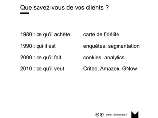 www.15marches.fr
@15marches
#LDTRA
stephane@15marches.fr
Que savez-vous de vos clients ?
1980 : ce qu’il achète carte de fidélité
1990 : qui il est enquêtes, segmentation
2000 : ce qu’il fait cookies, analytics
2010 : ce qu’il veut Criteo, Amazon, GNow
 