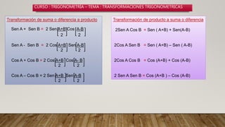 CURSO : TRIGONOMETRÍA – TEMA : TRANSFORMACIONES TRIGONOMETRICAS
Transformación de suma o diferencia a producto
Sen A + Sen B = 2 Sen A+B Cos A-B
2 2
Sen A - Sen B = 2 Cos A+B Sen A-B
2 2
Cos A + Cos B = 2 Cos A+B Cos A- B
2 2
Cos A – Cos B = 2 Sen A+B Sen A-B
2 2
Transformación de producto a suma o diferencia
2Sen A Cos B = Sen ( A+B) + Sen(A-B)
2Cos A Sen B = Sen ( A+B) – Sen ( A-B)
2Cos A Cos B = Cos (A+B) + Cos (A-B)
2 Sen A Sen B = Cos (A+B ) – Cos (A-B)
 