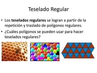 Teselado Regular
• Los teselados regulares se logran a partir de la
repetición y traslado de polígonos regulares.
• ¿Cuáles polígonos se pueden usar para hacer
teselados regulares?
 