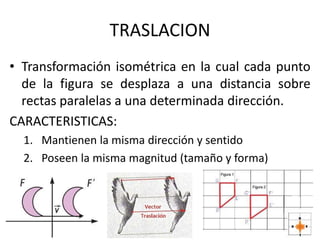 TRASLACION
• Transformación isométrica en la cual cada punto
de la figura se desplaza a una distancia sobre
rectas paralelas a una determinada dirección.
CARACTERISTICAS:
1. Mantienen la misma dirección y sentido
2. Poseen la misma magnitud (tamaño y forma)
 