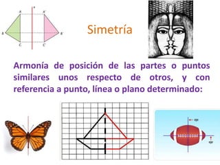Simetría
Armonía de posición de las partes o puntos
similares unos respecto de otros, y con
referencia a punto, línea o plano determinado:
 