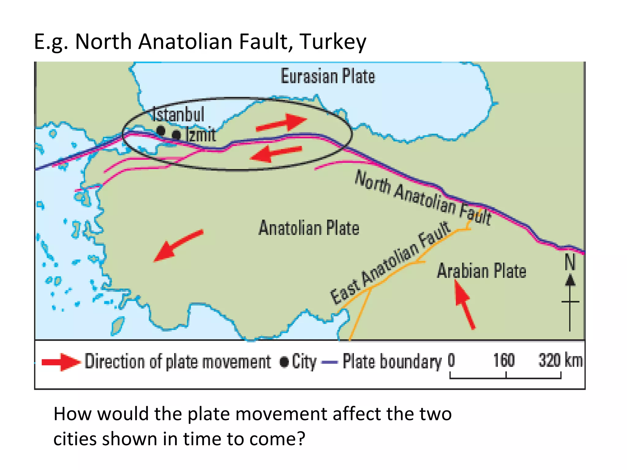 E.g. North Anatolian Fault, Turkey
How would the plate movement affect the two
cities shown in time to come?