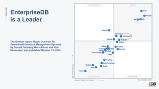 EnterpriseDB
is a Leader
The Gartner report, Magic Quadrant for
Operational Database Management Systems,
by Donald Feinberg, Merv Adrian and Nick
Heudecker, was published October 16, 2014.
 