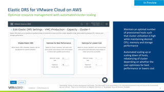 8Confidential │ ©2018 VMware, Inc.
Elastic DRS for VMware Cloud on AWS
Optimize resource management with automated cluster...