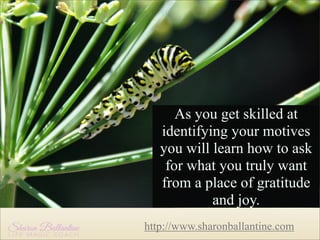 As you get skilled at
identifying your motives
you will learn how to ask
for what you truly want
from a place of gratitude
and joy.
http://www.sharonballantine.com

 