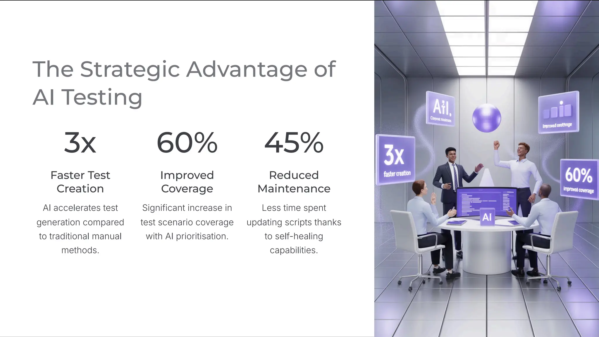 The Strategic Advantage of
AI Testing
3x
Faster Test
Creation
AI accelerates test
generation compared
to traditional manual
methods.
60%
Improved
Coverage
Significant increase in
test scenario coverage
with AI prioritisation.
45%
Reduced
Maintenance
Less time spent
updating scripts thanks
to self-healing
capabilities.
 