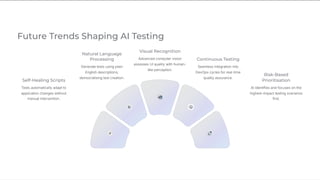 Future Trends Shaping AI Testing
Self-Healing Scripts
Tests automatically adapt to
application changes without
manual intervention.
Natural Language
Processing
Generate tests using plain
English descriptions,
democratising test creation.
Visual Recognition
Advanced computer vision
assesses UI quality with human-
like perception.
Continuous Testing
Seamless integration into
DevOps cycles for real-time
quality assurance.
Risk-Based
Prioritisation
AI identifies and focuses on the
highest-impact testing scenarios
first.
 