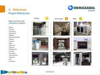 10 transforma
Project References
Main countries with
transforma installed:
•Spain
•France
•Germany
•Argentina
•Algeria
•Czech Republic
•Gabon
•Guinea
•Italy
•Morocco
•Nigeria
•Philippines
•Poland
•Portugal
•South Africa
•Sweden
•UK
•Uruguay
V. References
Utility End Users RES
 