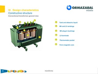 9 transforma99
IV. Design characteristics
Constructive structure
Conventional transformer general view
1
2
3
4
Tank and dielectric liquid
MV and LV windings
MV plug-in bushings
LV terminals
1
2
3
4
5 Thermometer pocket
6 Ferro magnetic core
5
6
 