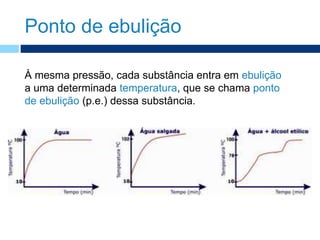 Ponto de ebulição
À mesma pressão, cada substância entra em ebulição
a uma determinada temperatura, que se chama ponto
de ebulição (p.e.) dessa substância.
 