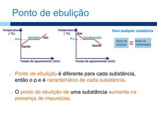 Ponto de ebulição
 Ponto de ebulição é diferente para cada substância,
então o p.e é característico de cada substância.
 O ponto de ebulição de uma substância aumenta na
presença de impurezas.
 