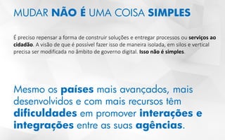 MUDAR NÃO É UMA COISA SIMPLES
É preciso repensar a forma de construir soluções e entregar processos ou serviços ao
cidadão. A visão de que é possível fazer isso de maneira isolada, em silos e vertical
precisa ser modificada no âmbito de governo digital. Isso não é simples.
Mesmo os países mais avançados, mais
desenvolvidos e com mais recursos têm
dificuldades em promover interações e
integrações entre as suas agências.
 
