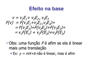 Efeito na base
v = v1E1+ v2E2+ v3E3
F(v) = F(v1E1+v2E2+v3E3)=
= F(v1E1)+F(v2E2)+F(v3E3)=
= v1F(E1) + v2F(E2)+v3F(E3)
Obs: uma função F é afim se ela é linear
mais uma translação
 Ex: y = mX+b não é linear, mas é afim
 