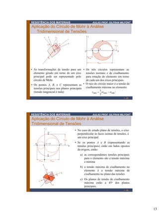 13
RESISTÊNCIA DOS MATERIAIS AULAS PROF. GILFRAN MILFONT
Aplicação do Círculo de Mohr à Análise
Tridimensional de Tensões
1 - 25
• As transformações de tensão para um
elemento girado em torno de um eixo
principal pode ser representado pelo
círculo de Mohr.
• Os três círculos representam as
tensões normais e de cisalhamento
para rotação do elemento em torno
de cada um dos eixos principais.
• Os pontos A, B, e C representam as
tensões principais nos planos principais
(tensão tangencial é nula) minmaxmax
2
1
sst =
• O raio do círculo maior é a tensão de
cisalhamento máxima no elemento.
RESISTÊNCIA DOS MATERIAIS AULAS PROF. GILFRAN MILFONT
Aplicação do Círculo de Mohr à Análise
Tridimensional de Tensões
1 - 26
• No caso de estado plano de tensões, o eixo
perpendicular às faces isentas de tensões, é
um eixo principal.
b) a tensão máxima de cisalhamento no
elemento é a tensão máxima de
cisalhamento no plano das tensões
a) as correspondentes tensões principais
para o elemento são a tensão máxima
e minima
• Se os pontos A e B (representando as
tensões principais) estão em lados opostos
da origem, então:
c) Os planos de tensão de cisalhamento
máxima estão a 45o dos planos
principais.
 