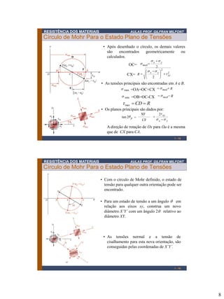 8
RESISTÊNCIA DOS MATERIAIS AULAS PROF. GILFRAN MILFONT
Círculo de Mohr Para o Estado Plano de Tensões
1 - 15
• Após desenhado o círculo, os demais valores
são encontrados geometricamente ou
calculados.
• As tensões principais são encontradas em A e B.
A direção de rotação de Ox para Oa é a mesma
que de CX para CA.
2
yx
med
ss
s

=OC=
2
2
2
xy
yx
R t
ss





 
=CX=
• Os planos principais são dados por:
t2
yx
xy
ss 
=p2tan
XF
CF
=
med Rs =s min =OB=OC-CX
med Rs =s max =OA=OC+CX
RCD ==maxt
D
F
E
RESISTÊNCIA DOS MATERIAIS AULAS PROF. GILFRAN MILFONT
Círculo de Mohr Para o Estado Plano de Tensões
1 - 16
• Com o círculo de Mohr definido, o estado de
tensão para qualquer outra orientação pode ser
encontrado.
• Para um estado de tensão a um ângulo  em
relação aos eixos xy, construa um novo
diâmetro X’Y’ com um ângulo 2 relativo ao
diâmetro XY.
• As tensões normal e a tensão de
cisalhamento para esta nova orientação, são
conseguidas pelas coordenadas de X’Y’.
 