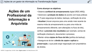 Como alcançar os objetivos
• Sistema confiável de armazenamento digital (RDC-ARQ);
• Gerenciar a proteção de dados de acordo com boas práticas
de TI para segurança de dados, backups, verificação de erros
• Atualizar (mover arquivos para uma versão mais recente da
mesma mídia de armazenamento ou para uma mídia de
armazenamento diferente, sem alterações no fluxo de bits),
verificar a precisão dos resultados (por exemplo, somas de
verificação checksum), documentar o processo;
• Manter várias cópias do fluxo de bits (política de backup);
• Assegure-se de ter o direito de copiar e aplicar a
preservação, o que pode exigir negociação com proprietários
de direitos.
HARVEY, Douglas Ross; OLIVER, Gillian. Digital curation. ALA Neal-Schuman, 2016.
Ações de um
Profissional da
Informação e
Arquivista
Ações de um gestor de informação na Transformação Digital
 
