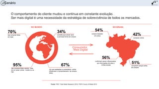 O comportamento do cliente mudou e continua em constante evolução.
Ser mais digital é uma necessidade da estratégia de sobrevivência de todos os mercados.
NO MUNDO NO BRASIL
Consumidor
Mais Digital
95% 67%
70%
das compras feitas
em lojas
das compras feitas usando mais
de um canal: online, mobile ou na
loja
34%
acredita que celular será
a principal forma de compra
diz que avaliações e comentários online
influenciam o comportamento de compra
deles
51%
comparam preços antes
de comprar
42%
compram online
54%
compra baseado
em preço
56%
confirmam serem influenciados
por informações de sites e
mídias sociais
Fonte: PWC Total Retail Research 2016, PSFK Future of Retail 2016
Cenário
 