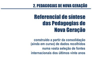 Referencial de síntese
das Pedagogias de
Nova Geração
construído a partir da consolidação
(ainda em curso) de dados recolhidos
numa vasta seleção de fontes
internacionais dos últimos vinte anos
2. PEDAGOGIAS DE NOVA GERAÇÃO
 