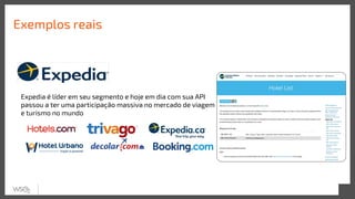 Exemplos reais
Expedia é líder em seu segmento e hoje em dia com sua API
passou a ter uma participação massiva no mercado de viagem
e turismo no mundo
 