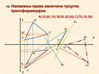 ⇒⇒ Налажење праве величине троуглаНалажење праве величине троугла
трансформацијомтрансформацијом
z
y
А’
А’’
B’
B’’
C’
C’’h’’h’’
h’h’
B’’’
C’’’
А’’’
BIVIV
CIVIV
АIVIV
1’’
1’
A(10,60,10) B(30,20,60) C(70,10,30)
х
1х3
3х4
 