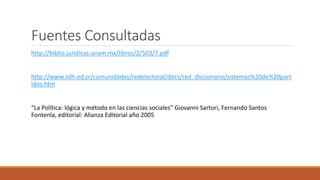 Fuentes Consultadas
http://biblio.juridicas.unam.mx/libros/2/503/7.pdf
http://www.iidh.ed.cr/comunidades/redelectoral/docs/red_diccionario/sistemas%20de%20part
idos.htm
“La Política: lógica y método en las ciencias sociales” Giovanni Sartori, Fernando Santos
Fontenla, editorial: Alianza Editorial año 2005
 