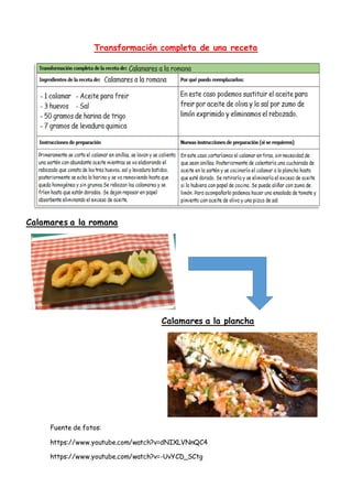 Transformación completa de una receta
Calamares a la romana
Calamares a la plancha
Fuente de fotos:
https://www.youtube.com/watch?v=dNIXLVNnQC4
https://www.youtube.com/watch?v=-UvYCD_SCtg
 