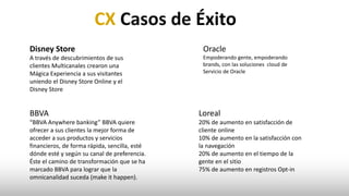 Disney Store
A través de descubrimientos de sus
clientes Multicanales crearon una
Mágica Experiencia a sus visitantes
uniendo el Disney Store Online y el
Disney Store
Oracle
Empoderando gente, empoderando
brands, con las soluciones cloud de
Servicio de Oracle
BBVA
“BBVA Anywhere banking” BBVA quiere
ofrecer a sus clientes la mejor forma de
acceder a sus productos y servicios
financieros, de forma rápida, sencilla, esté
dónde esté y según su canal de preferencia.
Éste el camino de transformación que se ha
marcado BBVA para lograr que la
omnicanalidad suceda (make it happen).
Loreal
20% de aumento en satisfacción de
cliente online
10% de aumento en la satisfacción con
la navegación
20% de aumento en el tiempo de la
gente en el sitio
75% de aumento en registros Opt-in
CX Casos de Éxito
 
