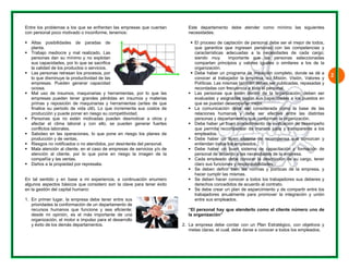 Entr 
con 
ƒ Ap 
ƒ Tps la 
ƒ L lo 
re los problemas 
personal poco m 
Altas posibilidad 
planta. 
Trabajo mediocre 
personas dan su 
sus capacidades, 
a calidad de los p 
Las personas retr 
o que disminuye 
empresas. Puede 
ociosa. 
Mal uso de insu 
empresas puede 
primas y reposic 
finalice su period 
producción y pued 
Personas que no 
afectar el clima 
conflictos laborale 
Saboteo en las o 
producción y de v 
Riesgos no notific 
Mala atención al 
atención al clien 
compañía y las ve 
Daños a la propie 
eo 
ƒ Mepf 
p 
ƒ Pac 
ƒ Sp 
ƒ R 
ƒ Mac 
ƒ D 
tal sentido y en 
unos aspectos bá 
a gestión del cap 
En primer lugar, 
prioridades la con 
recursos humano 
desde mi opinión 
organización, el m 
y éxito de los dem 
En 
algu 
en la 
1. Epr 
doy 
a los que se en 
motivado o inconfo 
des de parada 
e y mal realizado 
mínimo y no ex 
por lo que se sa 
productos o servi 
rasan los proceso 
la productividad 
en generar capa 
mos, maquinaria 
n tener grandes 
ión de maquinar 
do de vida útil). 
de poner en riesg 
o estén motivad 
laboral y con 
es. 
operaciones, lo q 
ventas. 
cados o no atend 
cliente, en el cas 
nte, por lo que 
entas. 
edad por represal 
nfrentan las empr 
orme, tenemos: 
as de 
o. Las 
xplotan 
acrifica 
cios. 
os, por 
de las 
acidad 
as y herramienta 
s pérdidas en ins 
rias y herramient 
Lo que incremen 
go su competitivid 
das pueden des 
ello, se pueden 
que pone en ries 
idos, por desinter 
so de empresas d 
pone en riesgo 
ia. 
n base a mi exp 
ásicos que consi 
pital humano: 
la empresa debe 
nformación de un 
os que funcione 
n, es el más im 
motor e impulso 
más departamento 
resas que cuenta 
as, por lo que la 
sumos y materia 
tas (antes de qu 
nta sus costos d 
dad. 
motivar a otros 
n generar fuerte 
sgo los planes d 
rés del personal. 
de servicios y/o d 
la imagen de 
periencia, a cont 
dero son la clav 
tinuación enumer 
ve para tener éxi 
e tener entre sus 
departamento de 
y sea eficiente 
mportante de una 
para el desarrollo 
os. 
se 
e; 
ao 
an 
as 
as 
ue 
de 
y 
es 
de 
de 
la 
ro 
to 
Este 
nec 
ƒ Eqcsc 
e departamento 
esidades: 
El proceso de ca 
que garantice qu 
características a 
siendo muy 
compartan princi 
organización. 
Debe haber un p 
conocer al trabaj 
Políticas. Las mis 
recordadas con fr 
Las personas qu 
evaluadas y asig 
que se puedan de 
La comunicación 
relaciones huma 
personas y depar 
Debe haber un b 
que permita reco 
empleados. 
Debe haber un 
entiendan todos l 
Debe haber un 
personal de acue 
Cada empleado 
claro sus funcione 
Se deben definir 
hacer cumplir las 
Se deben hacer 
derechos conced 
Se debe crear un 
trabajadores anu 
entre sus emplea 
personal hay q 
organización” 
empresa debe c 
tas claras, el cual 
o 
ƒ Dc 
Pr 
ƒ Leq 
ƒ Lr 
p 
ƒ Dqe 
ƒ De 
ƒ Dp 
ƒ Cc 
ƒ Sh 
ƒ Sd 
ƒ St 
e 
“El 
la o 
2. La 
met 
debe atender 
aptación de perso 
ue ingresen per 
adecuadas a la 
importante que 
ipios y valores i 
programa de indu 
ajador la empres 
smas también de 
recuencia a todo 
ue estén dentro 
gnadas según sus 
esempeñar mejo 
n debe ser cons 
anas y debe se 
rtamentos que co 
uen procedimien 
ompensar de ma 
buen sistema de 
los empleados. 
buen sistema d 
erdo a las necesid 
debe conocer la 
es y responsabili 
r bien las norma 
mismas. 
conocer a todos 
didos de acuerdo 
n plan de esparc 
ualmente para p 
ados. 
que atenderlo co 
contar con un Pl 
l, debe darse a co 
como mínimo 
onal debe ser el 
sonas con las c 
necesidades d 
las personas 
guales o similar 
ucción completo, 
a, su Misión, Vi 
ben ser publicada 
el personal. 
de la organizac 
s capacidades a 
r. 
siderada como l 
er efectiva entr 
onforman la organ 
nto de evaluación 
anera justa y tran 
e recompensa q 
de capacitación dades de la empr 
a descripción de 
dades. 
as y políticas de 
los trabajadores 
al contrato. 
cimiento y de com 
romover la integ 
omo el cliente n 
lan Estratégico, 
onocer a todos lo 
las siguientes 
mejor de todos, 
competencias y 
e cada cargo; 
seleccionadas 
res a los de la 
donde se dé a 
sión, Valores y 
as, repasadas y 
ción, deben ser 
los puestos en 
la base de las 
re las distintas 
nización. 
de desempeño 
nsparente a los 
que conozcan y 
y 
formación de 
resa. 
su cargo, tener 
e la empresa, y 
s sus deberes y 
mpartir entre los 
gración y unión 
número uno de 
con objetivos y 
os empleados. 
2 
 