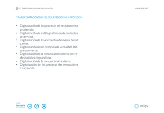01 TRANSFORMACIÓN E INNOVACIÓN DIGITAL JOANA SÁNCHEZ
COMPARTE
ESTE EBOOK
Digitalización de los procesos de reclutamiento•	
y selección.
Digitalización de catálogos físicos de productos•	
o servicios.
Digitalización de los elementos de marca:•	 brand
center.
DigitalizacióndelosprocesosdeventaB2B,B2C•	
o e-commerce.
Digitalizacióndelacomunicacióninternaconre-•	
des sociales corporativas.
Digitalización de la comunicación externa.•	
Digitalización de los procesos de innovación o•	
co-creación.
TRANSFORMACIÓN DIGITAL DE LA PERSONAS YPROCESOS
 