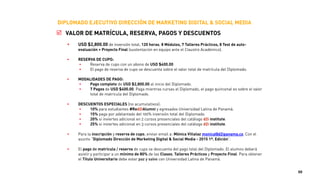 ! M7. E-COMMERCE & SOCIAL CRM: VENTAS, RETENCIÓN Y FIDELIZACIÓN
• En este módulo conocerás los conceptos eCommerce, Social CRM & Social Customer Experience.
• Estrategia de modelos de venta a través canales web y redes sociales.
• Modelos e-Commerce. Fases de un proyecto e-Commerce, objetivos e indicadores estratégicos.
• Social Commerce, etapas de desarrollo e integración con redes sociales.
• Análisis de conversión y ventas, datos sociales (intereses, intenciones, sentimientos, estilo de vida).
• Aprender a implantar estrategias de Social CRM, para conocer mejor a tus clientes o consumidores.
• Saber optimizar acciones Social CRM que se realizan tanto dentro de redes sociales como fuera.
• Crear contenidos y campañas personalizadas según el comportamiento y preferencias del cliente.
• Saber integrar Big Data y Social CRM, datos declarados vs. inferidos según su comportamiento social.
• Taller práctico en individual.
• Auto-evaluación de asimilación de conceptos.
! M8. MARKETING TRENDS: INBOUND, BIG DATA, MOBILE & STORYTELLING
• Este módulo conocerás las tendencias emergentes en Marketing Digital, Social y Multicanalidad.
• Introducción al Inbound Marketing, ciclo y sus 4 fases de ejecución. Fórmulas de atracción de tráfico.
• Cómo integrar Marketing de Contenidos, SEO y Social Media Marketing.
• Conversión y automatización del marketing digital, lead nurturing y lead scoring.
• Introducción, retos y oportunidades del Big Data, integración en estrategias de marketing y negocio.
• Introducción al Mobile Marketing, conociendo las principales tendencias y tecnologías.
• Campañas en dispositivos móviles, formatos publicitarios en dispositivos móviles, descarga de Apps.
• Casos de estudio Inbound Marketing & Big Data.
• Casos de estudio Mobile Marketing, Apps Discovery & Analytics.
• Casos de estudio Visual Storytelling, Transmedia, Native & Programmatic Ads, Social TV, Consumer 3.0.
• Auto-evaluación de asimilación de conceptos.
DIPLOMADO EJECUTIVO DIRECCIÓN DE MARKETING DIGITAL & SOCIAL MEDIA
50
 