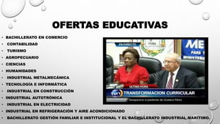 OFERTAS EDUCATIVAS
• BACHILLERATO EN COMERCIO
• CONTABILIDAD
• TURISMO
• AGROPECUARIO
• CIENCIAS
• HUMANIDADES
• INDUSTRIAL METALMECÁNICA
• TECNOLOGÍA E INFORMÁTICA
• INDUSTRIAL EN CONSTRUCCIÓN
• INDUSTRIAL AUTOTRÓNICA
• INDUSTRIAL EN ELECTRICIDAD
• INDUSTRIAL EN REFRIGERACIÓN Y AIRE ACONDICIONADO
• BACHILLERATO GESTIÓN FAMILIAR E INSTITUCIONAL Y EL BACHILLERATO INDUSTRIAL MARÍTIMO.
 