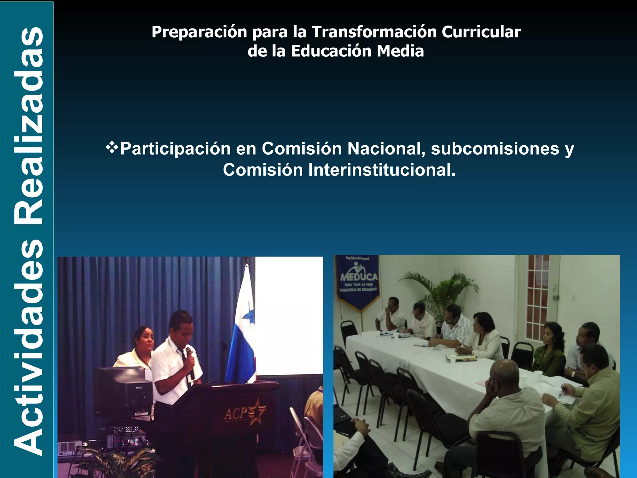Actividades Realizadas Participación en Comisión Nacional, subcomisiones y Comisión Interinstitucional. Preparación para la Transformación Curricular  de la Educación Media   