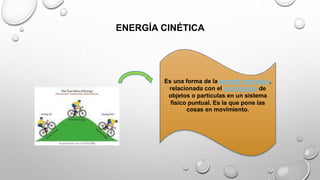ENERGÍA CINÉTICA
Es una forma de la energía mecánica,
relacionada con el movimiento de
objetos o partículas en un sistema
físico puntual. Es la que pone las
cosas en movimiento.
 