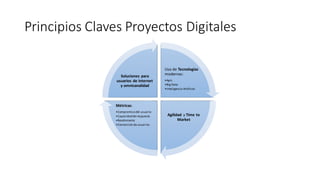 Principios Claves Proyectos Digitales
Uso de Tecnologías
modernas:
•Apis
•Big Data
•Inteligencia Artificial
Agilidad y Time to
Market
Métricas:
•Compromiso del usuario
•Capacidad derespuesta
•Rendimiento
•Conversión de usuarios
Soluciones para
usuarios de internet
y omnicanalidad
 