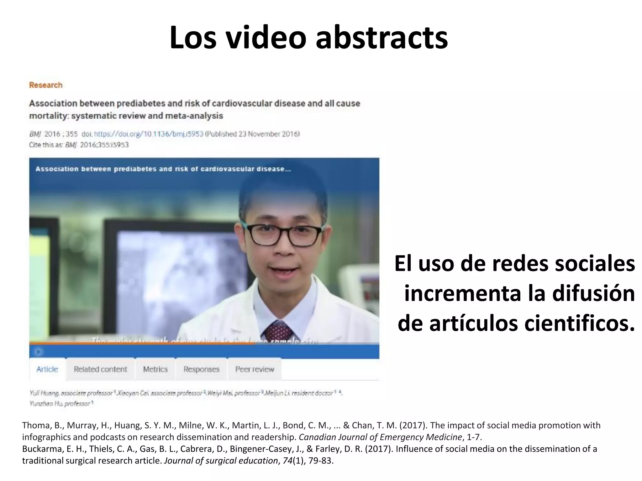 Los video abstracts
El uso de redes sociales
incrementa la difusión
de artículos cientificos.
Thoma, B., Murray, H., Huang, S. Y. M., Milne, W. K., Martin, L. J., Bond, C. M., ... & Chan, T. M. (2017). The impact of social media promotion with
infographics and podcasts on research dissemination and readership. Canadian Journal of Emergency Medicine, 1-7.
Buckarma, E. H., Thiels, C. A., Gas, B. L., Cabrera, D., Bingener-Casey, J., & Farley, D. R. (2017). Influence of social media on the dissemination of a
traditional surgical research article. Journal of surgical education, 74(1), 79-83.
 