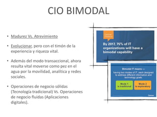 CIO BIMODAL
• Madurez Vs. Atrevimiento
• Evolucionar, pero con el timón de la
experiencia y riqueza vital.
• Además del modo transaccional, ahora
resulta vital moverse como pez en el
agua por la movilidad, analítica y redes
sociales.
• Operaciones de negocio sólidas
(Tecnología tradicional) Vs. Operaciones
de negocio fluidas (Aplicaciones
digitales).
 