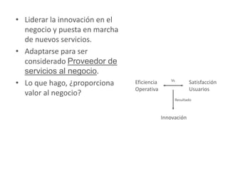 • Liderar la innovación en el
negocio y puesta en marcha
de nuevos servicios.
• Adaptarse para ser
considerado Proveedor de
servicios al negocio.
• Lo que hago, ¿proporciona
valor al negocio?
Eficiencia
Operativa
Satisfacción
Usuarios
Resultado
Vs
Innovación
 