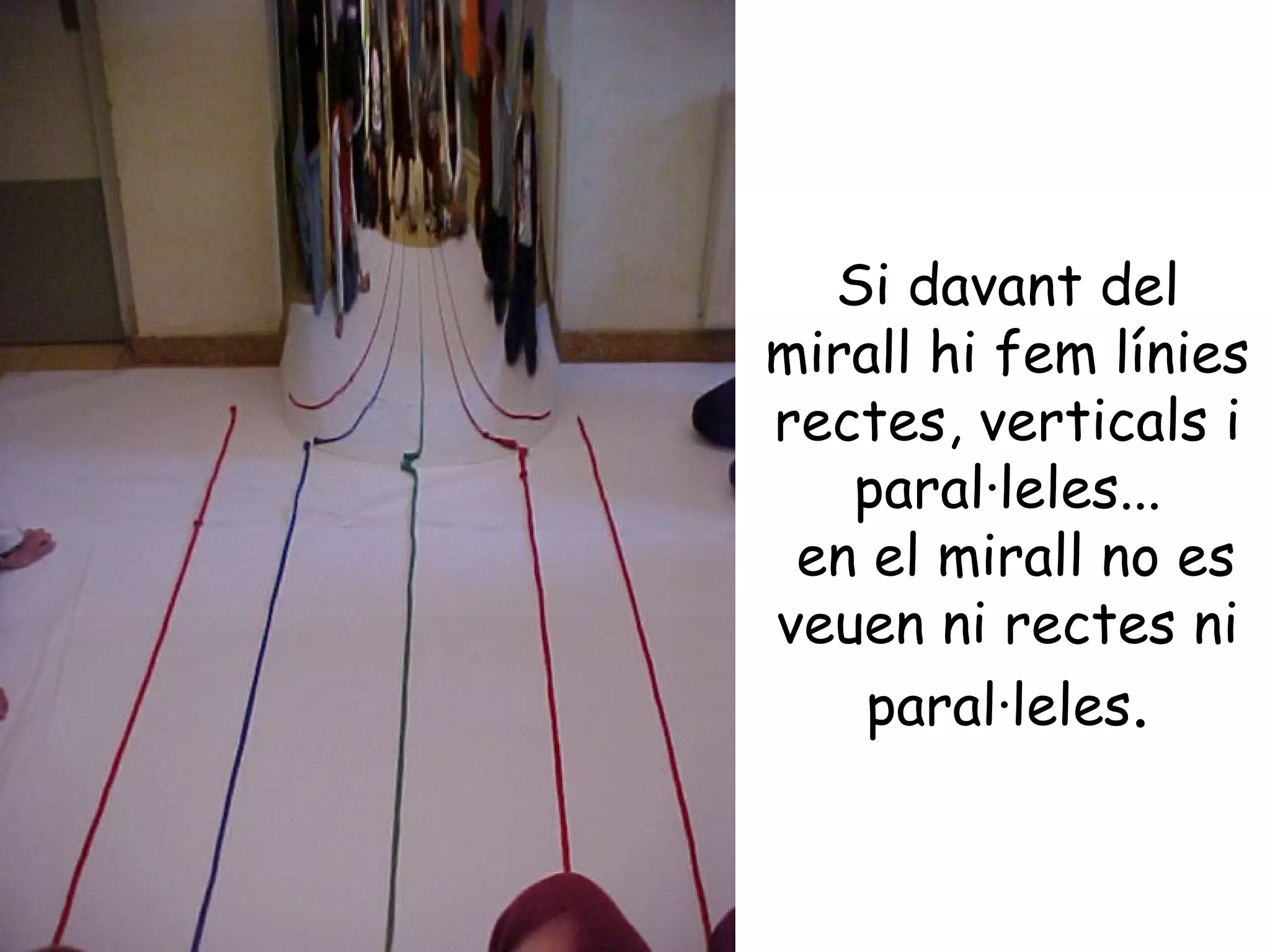Si davant del
mirall hi fem línies
rectes, verticals i
   paral·leles...
 en el mirall no es
veuen ni rectes ni
    paral·leles.
 