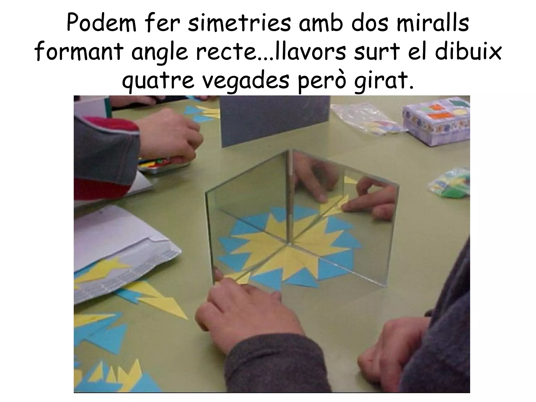 Podem fer simetries amb dos miralls
formant angle recte...llavors surt el dibuix
       quatre vegades però girat.
 